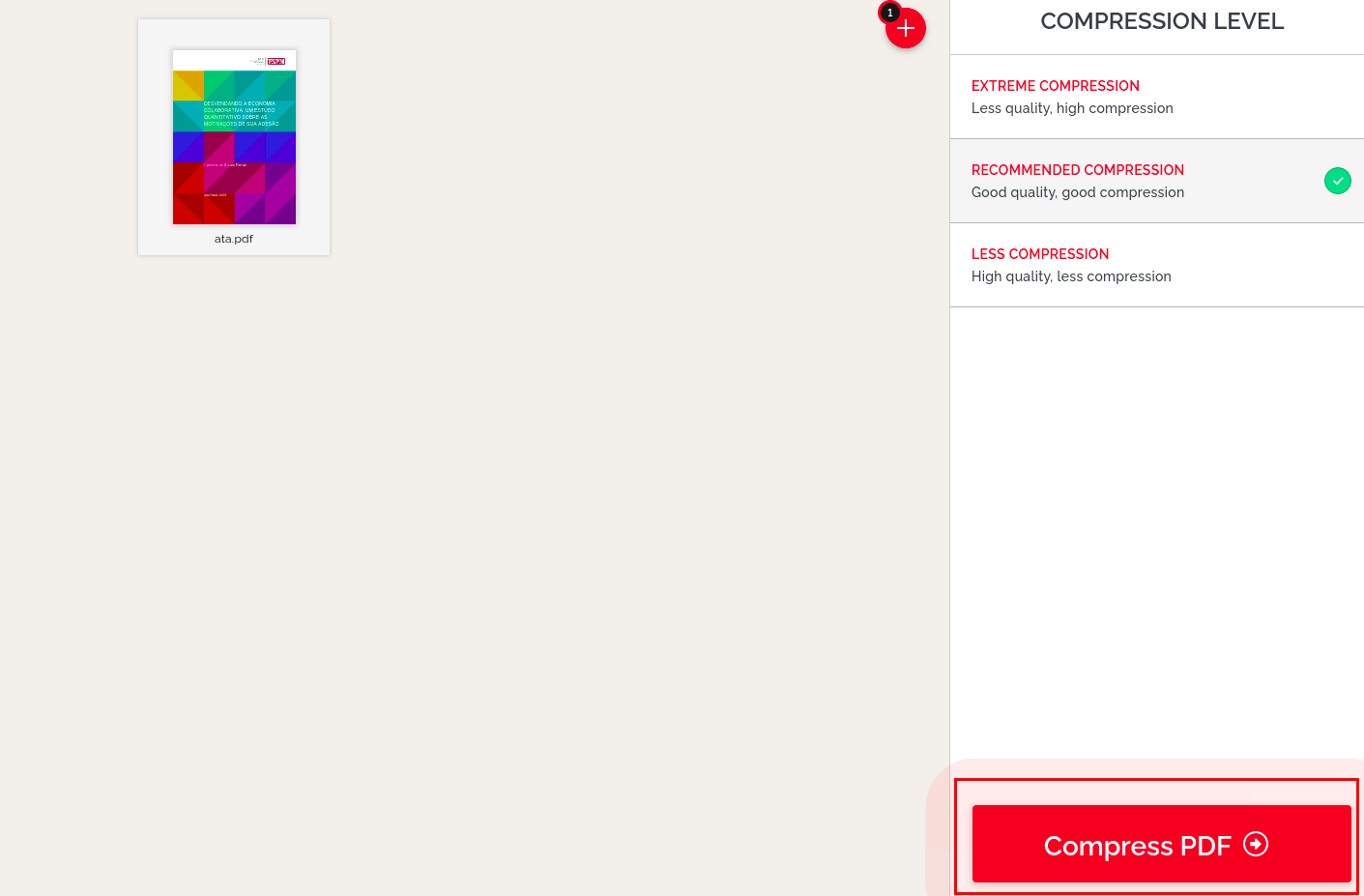 Arquivo PDF carregado no iLovePDF, pronto para compressão.