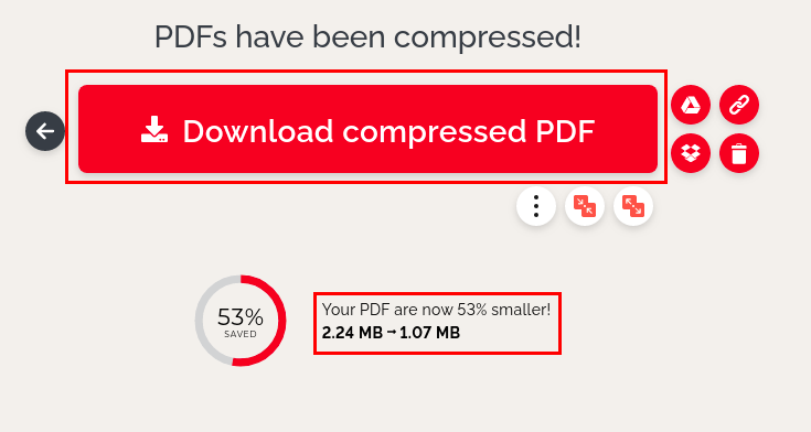 Tela de sucesso do iLovePDF com o botão para baixar o arquivo comprimido.