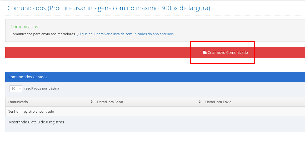 Tela de listagem de comunicados com o botão 'Criar novo Comunicado' destacado.
