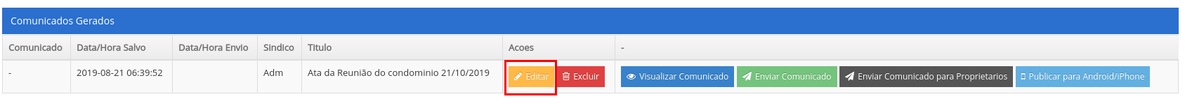 Lista de comunicados com o botão 'Editar' destacado.