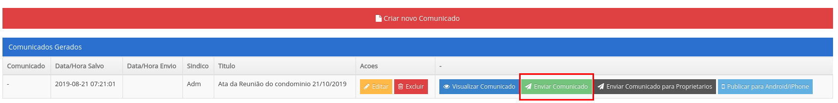 Botão 'Enviar Comunicado' em destaque na lista de comunicados.