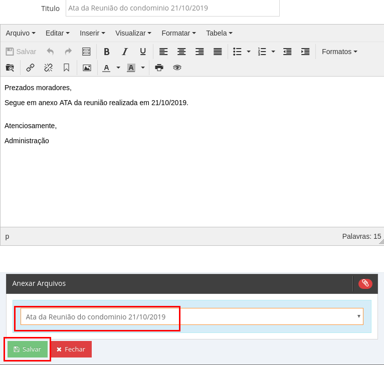 Seção 'Anexar Arquivos' dentro da edição do comunicado.
