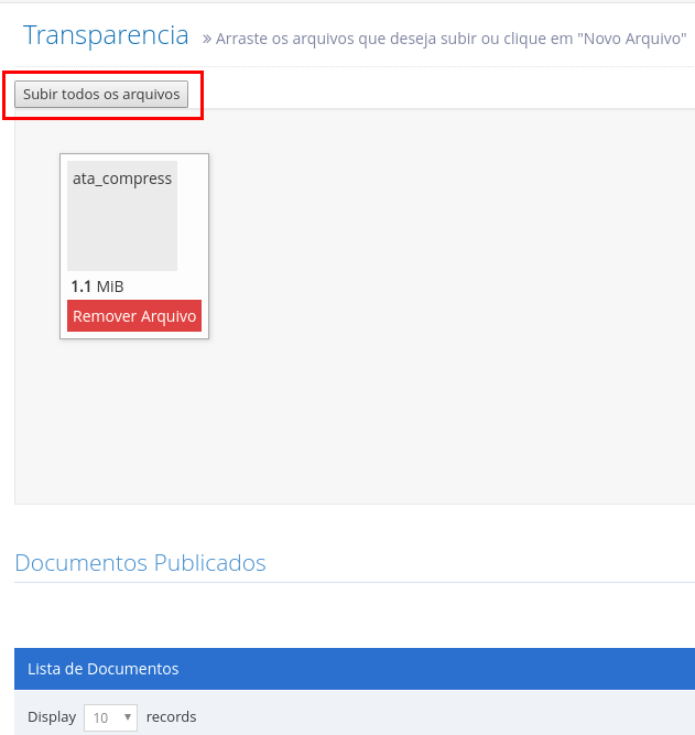 Botão 'Subir todos os arquivos' destacado após selecionar um documento.