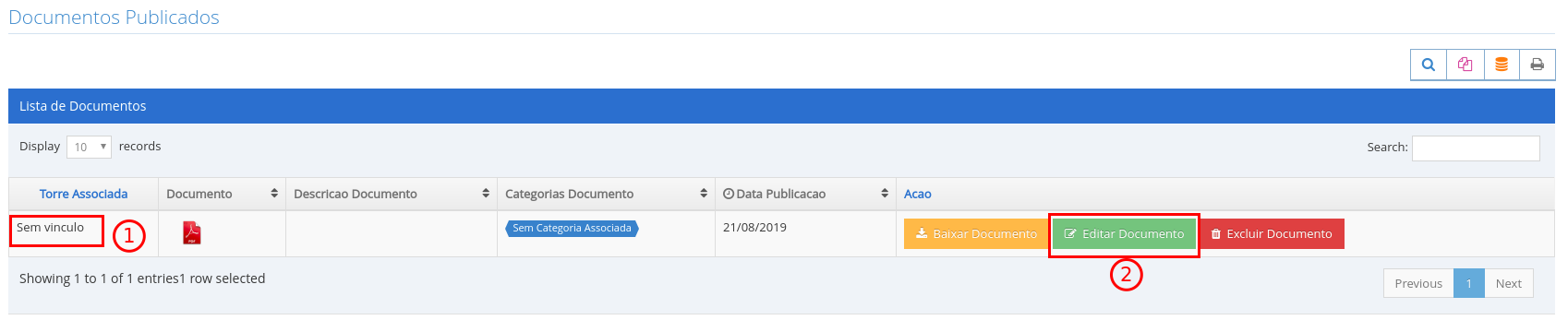Lista de documentos na Transparência com o novo arquivo e o botão de editar em destaque.