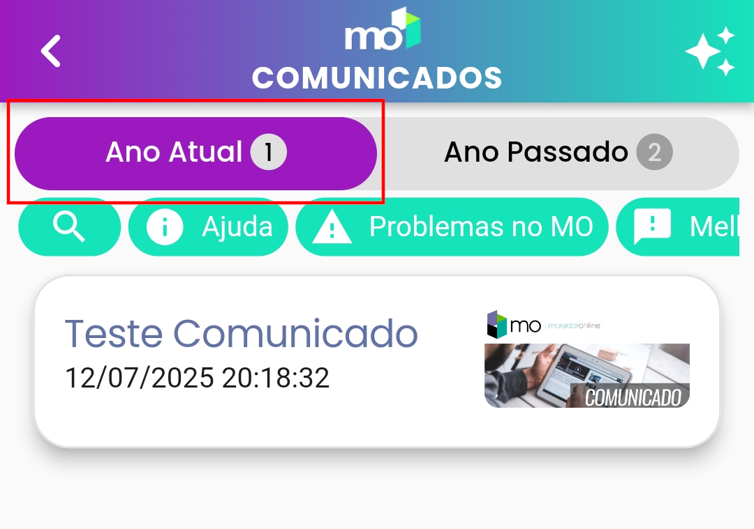 imagem: Tela de Comunicados com a aba 'Ano Atual' selecionada.