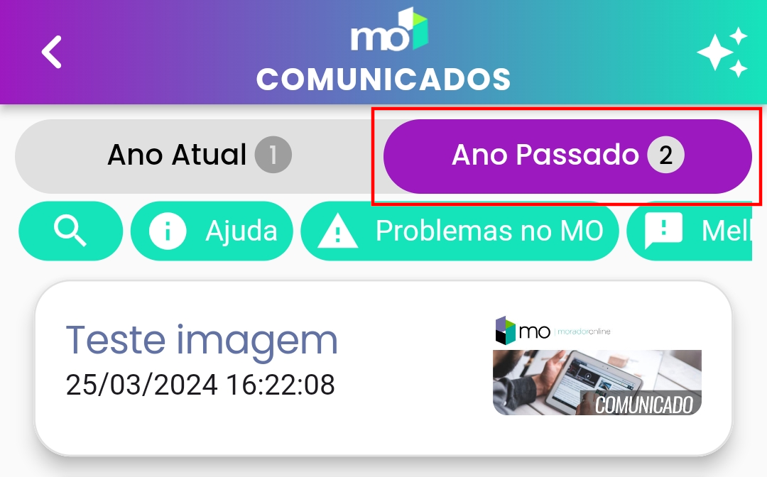 imagem: Tela de Comunicados com a aba 'Ano Passado' selecionada.