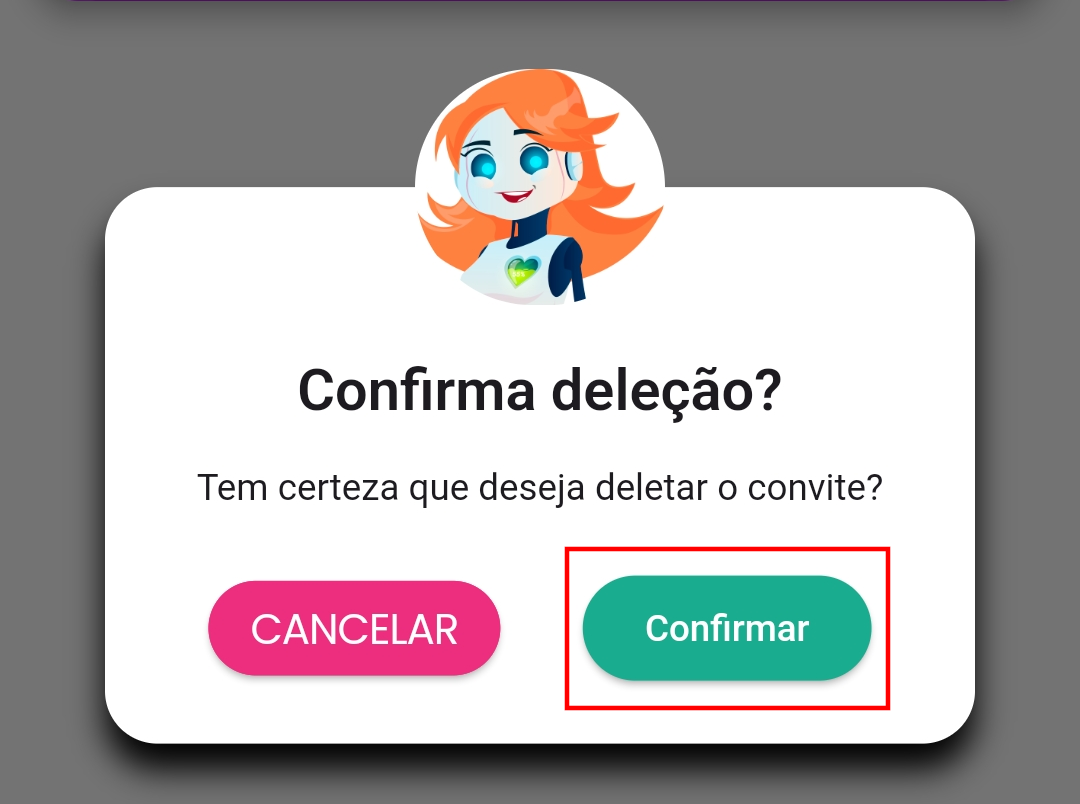 Diálogo de confirmação para excluir o convite