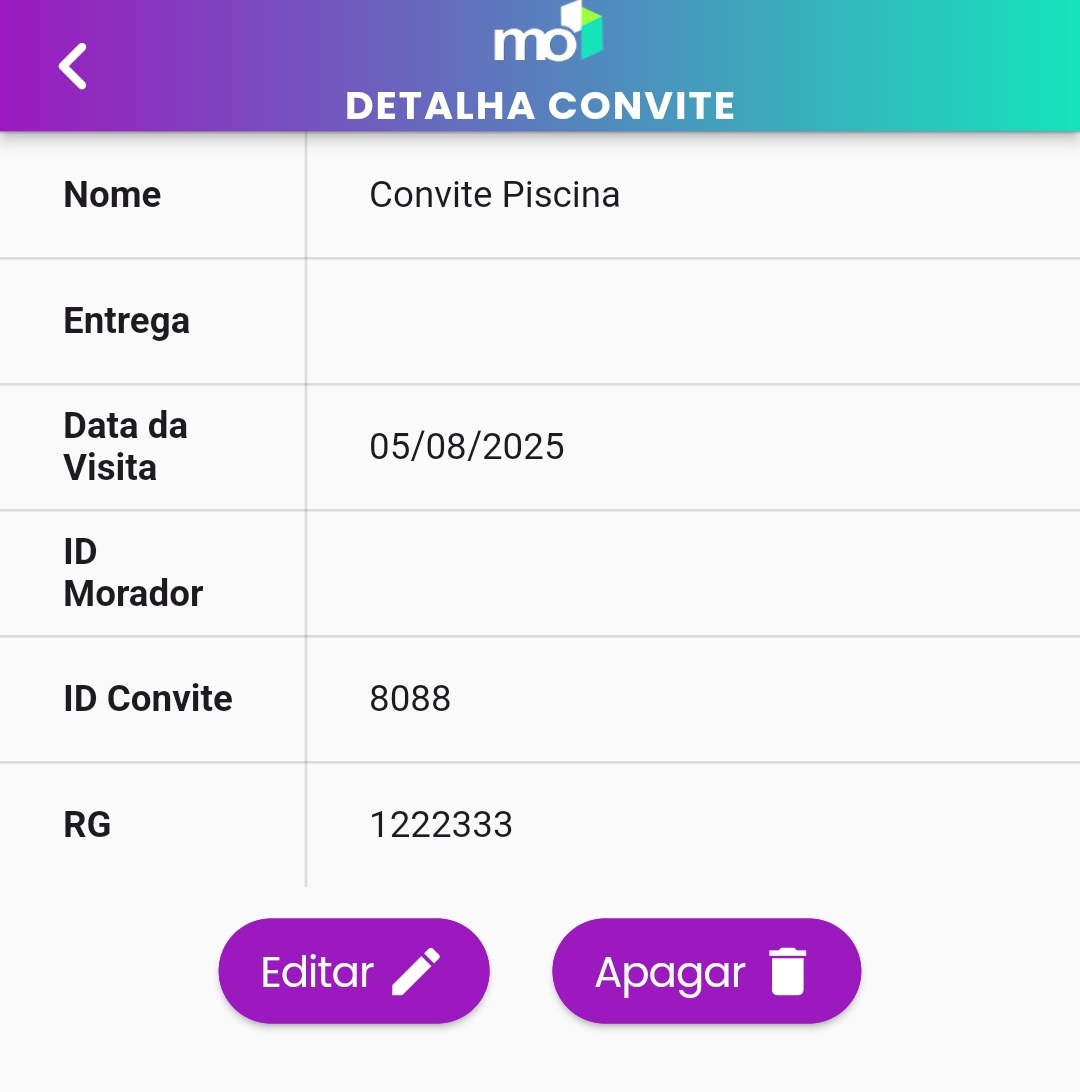 Tela de detalhes do convite mostrando informações completas