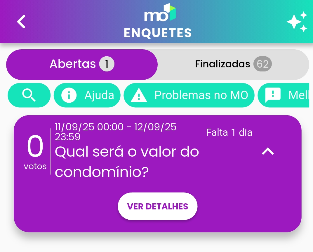 imagem: Tela 'Abertas' com uma lista de enquetes disponíveis para votação.