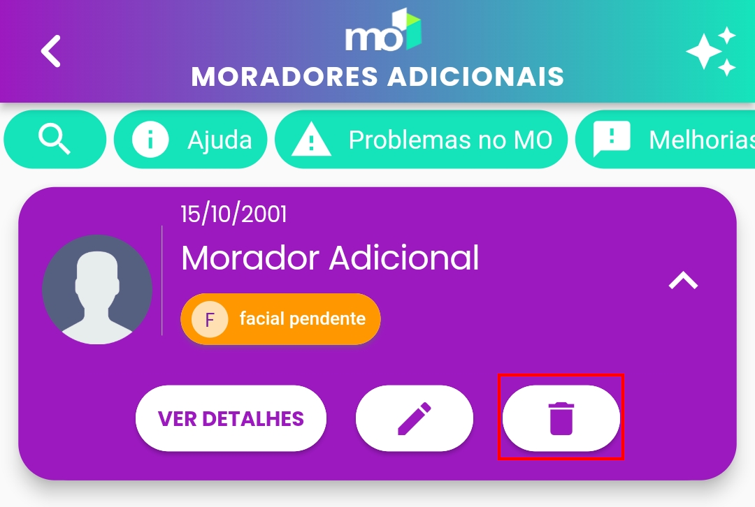 Card de morador adicional expandido com o ícone de lixeira em destaque.