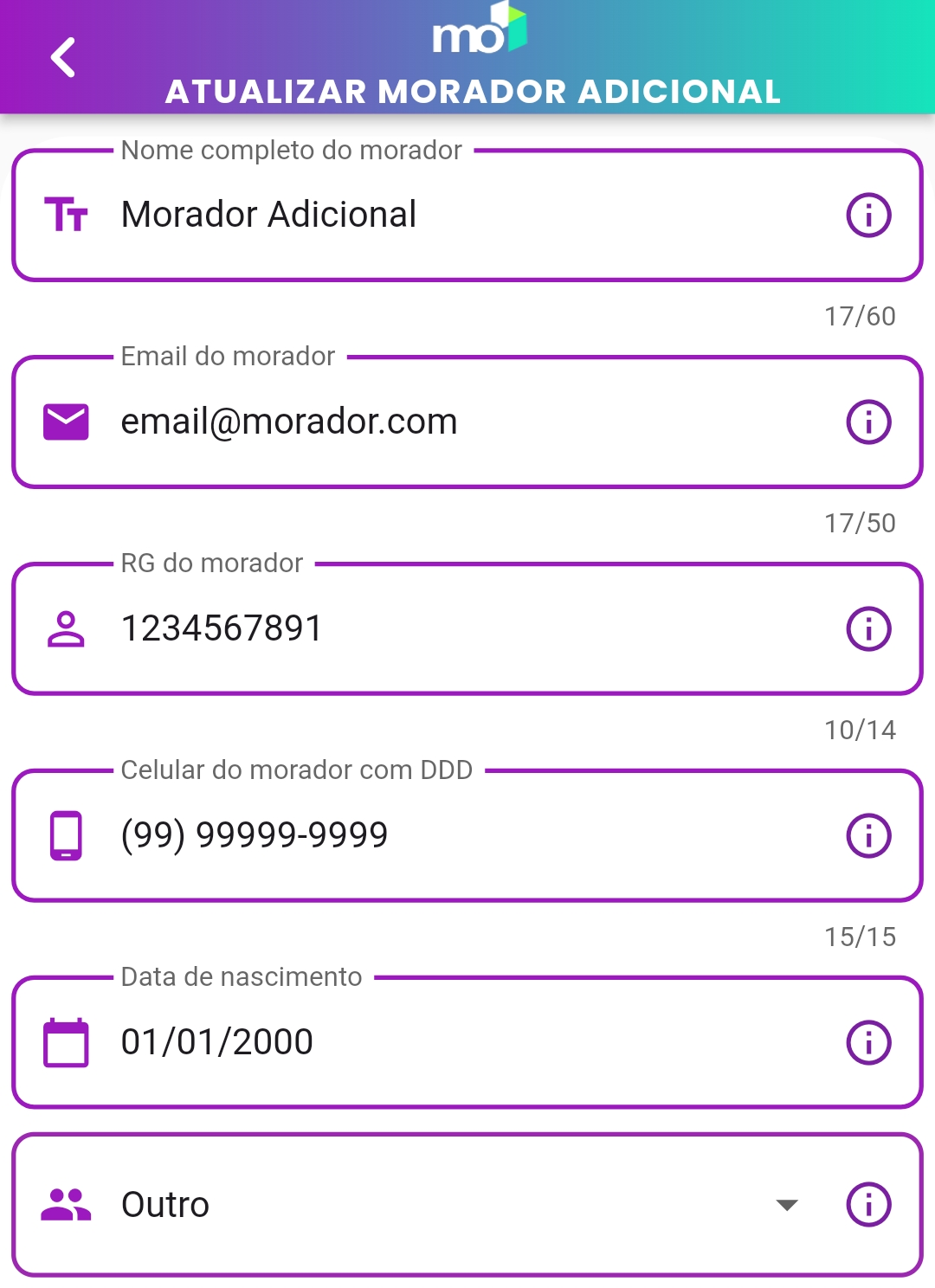Formulário de cadastro de morador adicional preenchido.