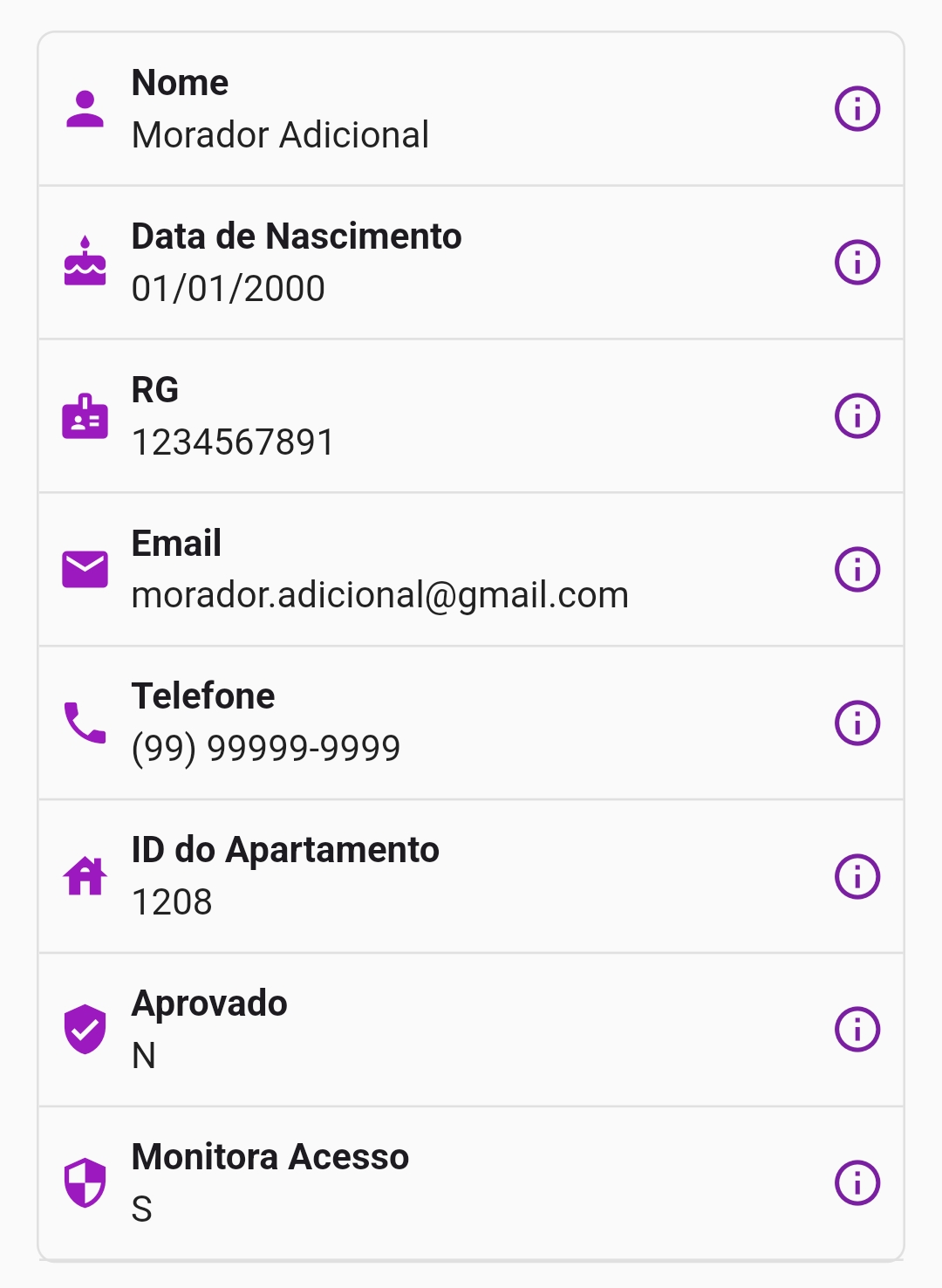 Tela de detalhes do morador adicional mostrando todas as informações cadastradas.