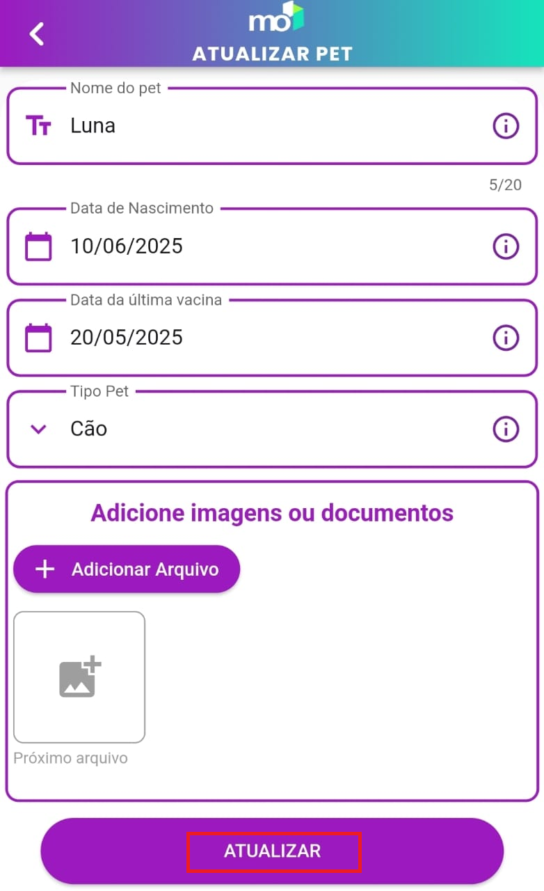 Formulário de edição do pet com os campos preenchidos e o botão 'Atualizar' destacado.