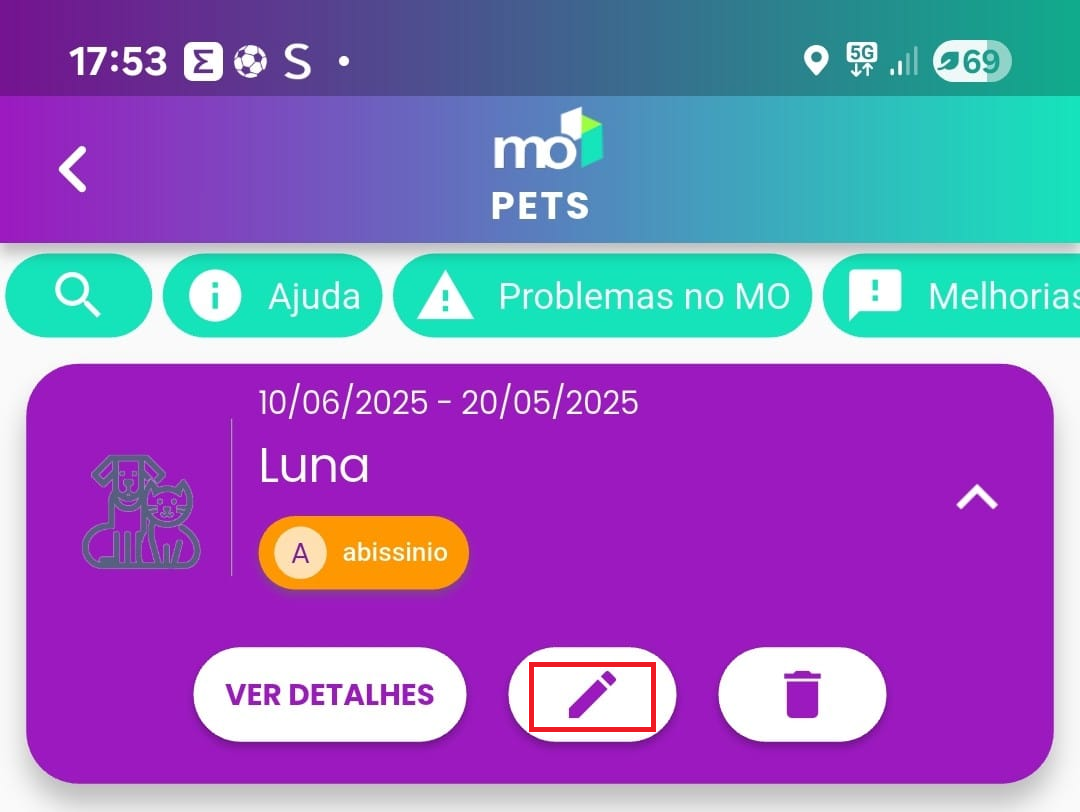 Card de pet expandido com o ícone de lápis em destaque para edição.