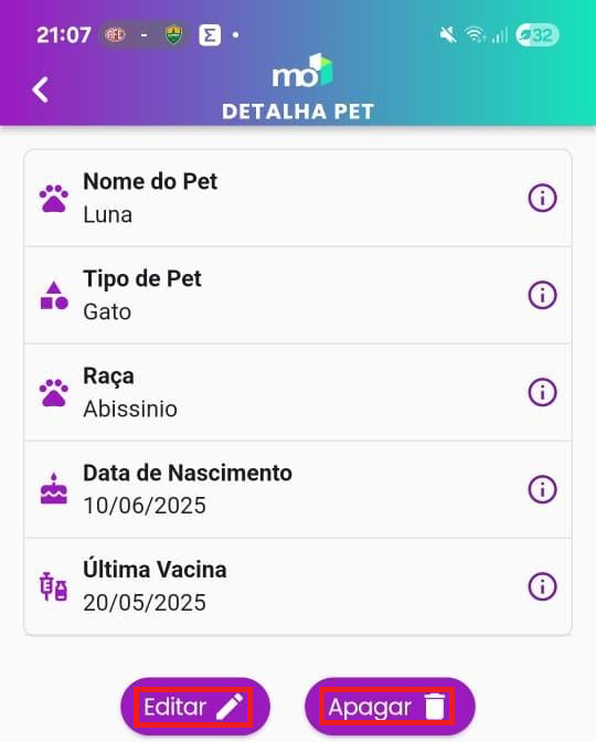 Tela de detalhes do pet mostrando todas as informações cadastradas.