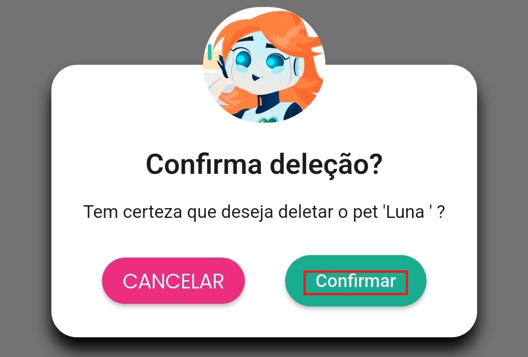 Janela de diálogo pedindo a confirmação para excluir o pet.